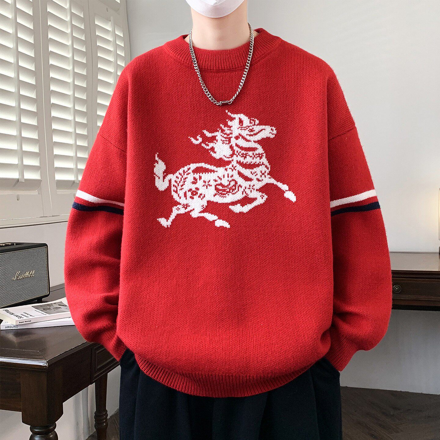 本命年红色毛衣男士秋冬季加厚马年针织衫男款学生保暖新年线衣服