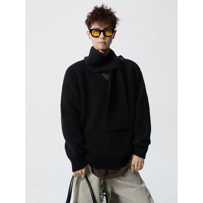 慵懒风简约围脖套头毛衣男秋冬季加大码潮牌宽松痞帅高级感针织衫