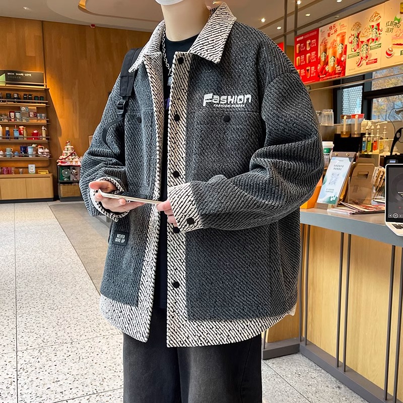 青少年拼色外套男设计感秋冬季新款休闲衬衫式夹克夹棉宽松上衣服