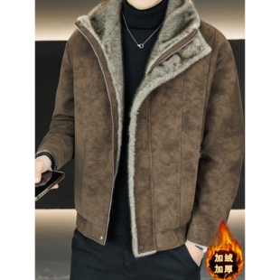 高级感复古扎染皮毛一体毛领皮衣男冬季加绒加厚保暖外套男士夹克