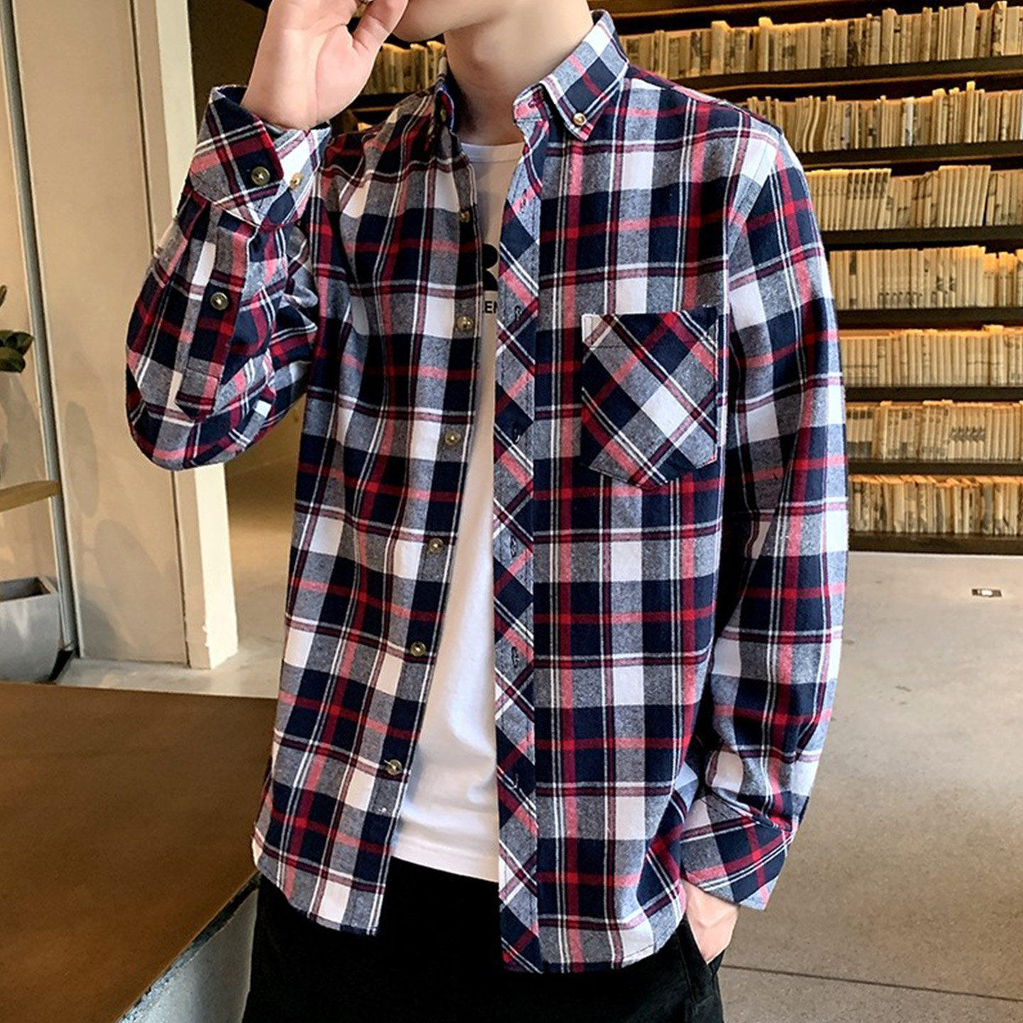 格子长袖衬衫男红色有一个口袋100%纯棉中学生衬衣服春季薄款外套