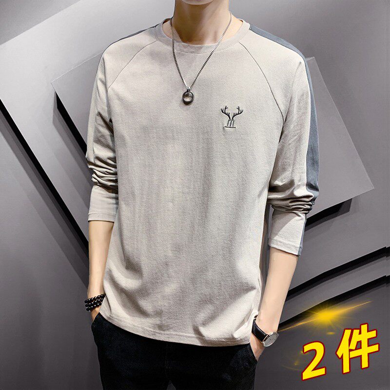 男士t恤长袖纯棉秋装上衣宽松大码男装春秋款小衫ins潮流薄款秋衣