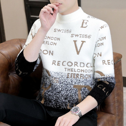 秋冬季新款水貂绒毛衣男青少年加绒加厚半高领针织打底衫保暖线衣