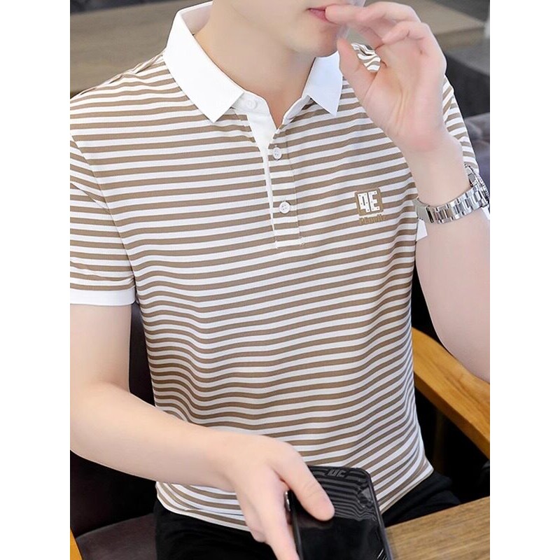 条纹衬衫男短袖polo衫夏季潮流休闲男装t恤ins潮牌帅气纯棉衬衣服