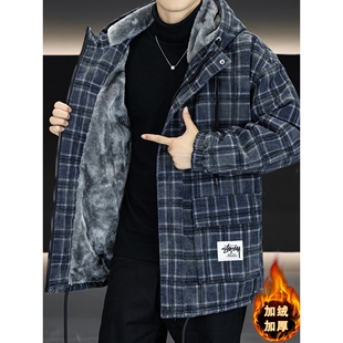 格子连帽加绒加厚外套男装冬季2025新款牛仔棉衣中长款派克服冬天