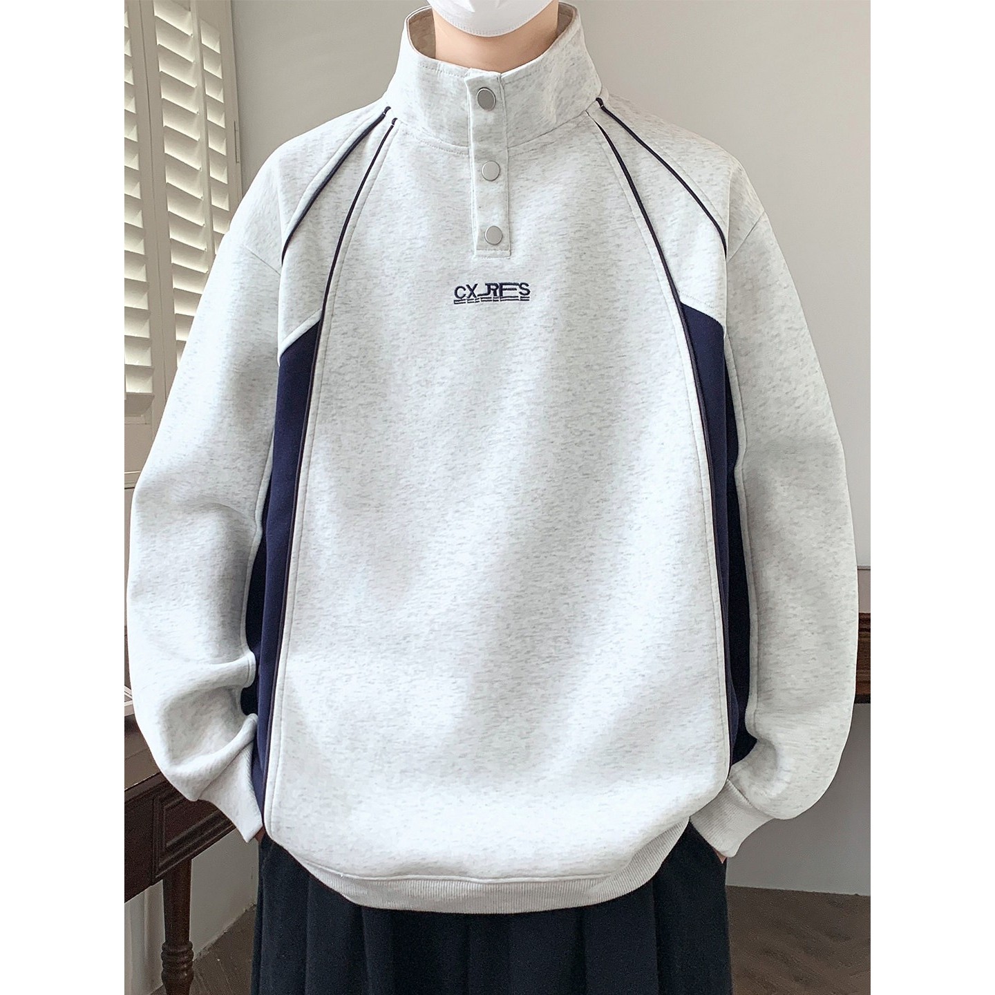 青少年美式拼接设计感潮加绒冬休闲宽松春秋季polo领男生长袖卫衣,运动服/休闲服装,跑步套装,淘宝优惠券,粉丝福利购,淘宝优惠卷