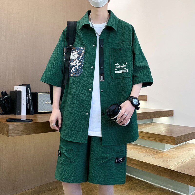 男士休闲套装夏季新款七分袖衬衣一套宽松短袖衬衫日系五分裤一套