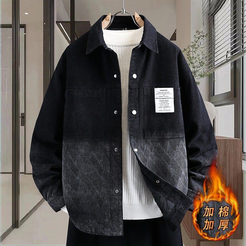 高端翻领加棉加厚牛仔外套男秋冬黑色休闲工装夹克男生二棉衣服潮