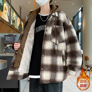 假两件外套男生秋冬新款宽松棉衣加绒加厚青少年学生格子毛呢夹克