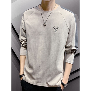 上衣男款 男士 宽松刺绣打底衫 t恤纯棉春秋季 潮牌休闲圆领卫衣 长袖