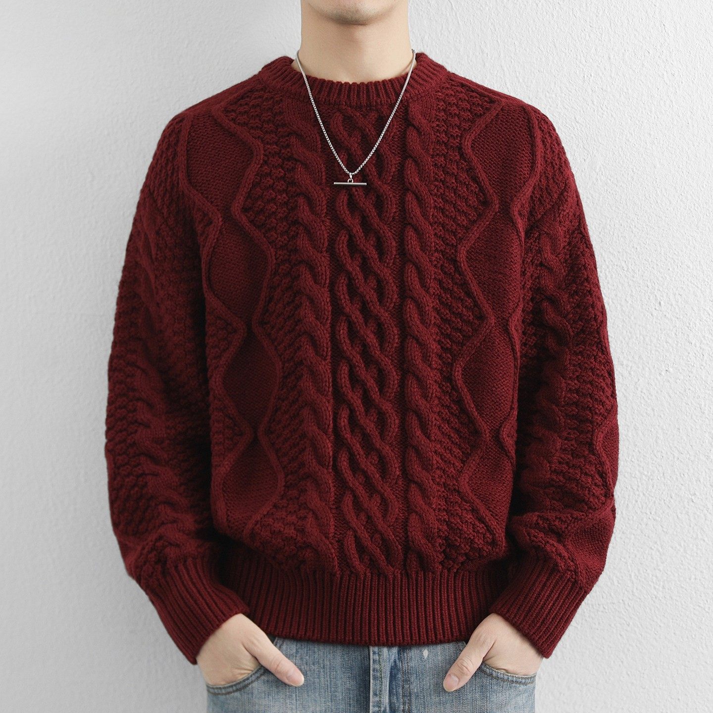 酒红色麻花毛衣男秋冬潮牌宽松针织衫加厚防寒本命年圆领线衣外套,运动服/休闲服装,跑步套装,淘宝优惠券,粉丝福利购,淘宝优惠卷