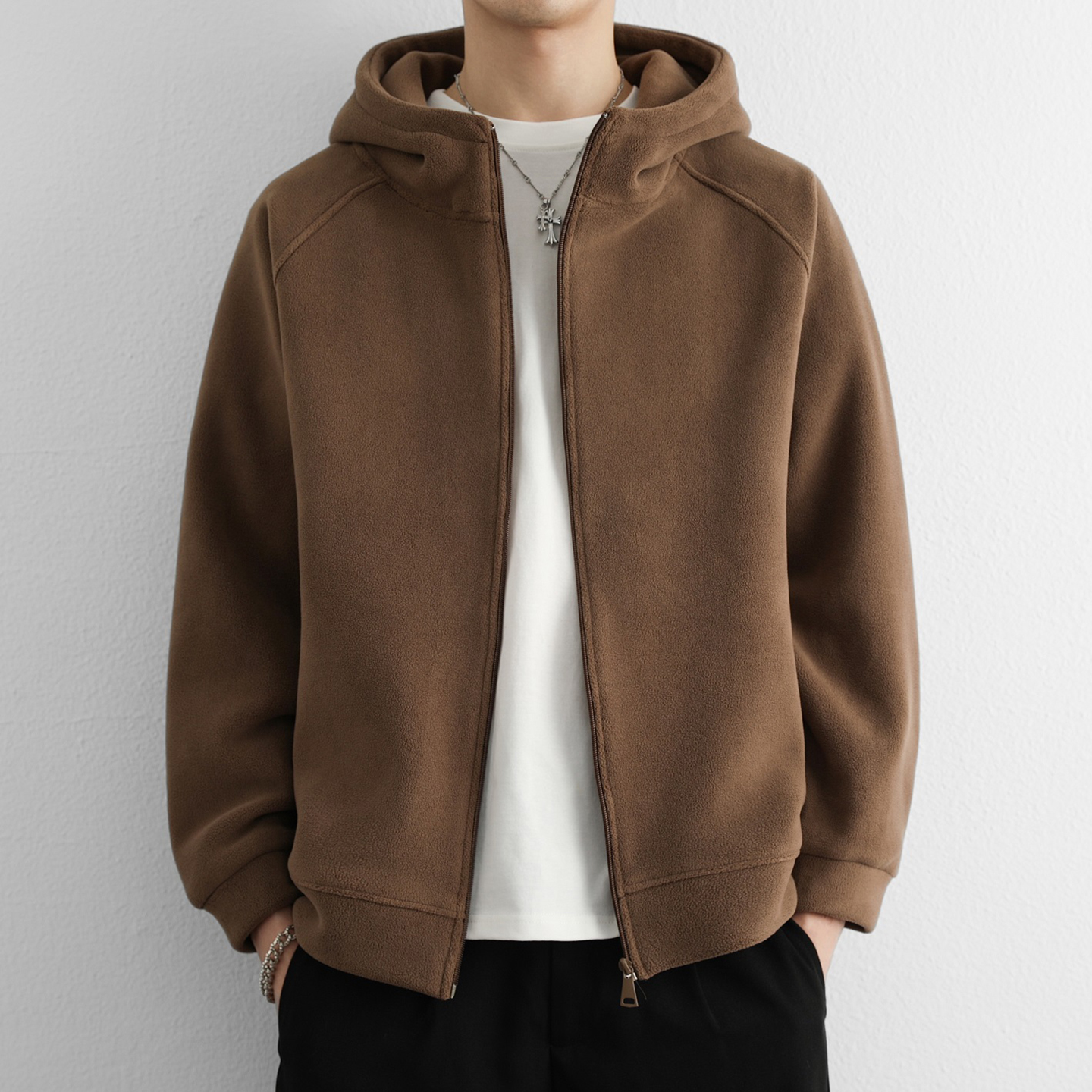 奥粒绒连帽外套男秋冬季加绒加厚休闲青少年开衫卫衣手抓绒内胆男