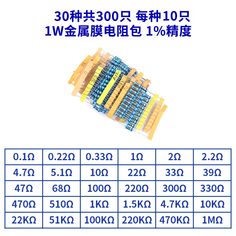 1/4W金属膜电阻包1W2W3W直插色环电子元件包19/30/41/130种1%常用