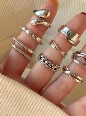 重工简约组合食指925纯银戒指女轻奢小众ins冷淡风个性蹦迪指环潮