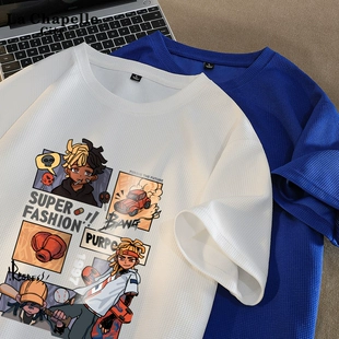 重磅华夫格短袖 情侣上衣M 宽松大码 拉夏贝尔美式 t恤男夏季 潮牌半袖