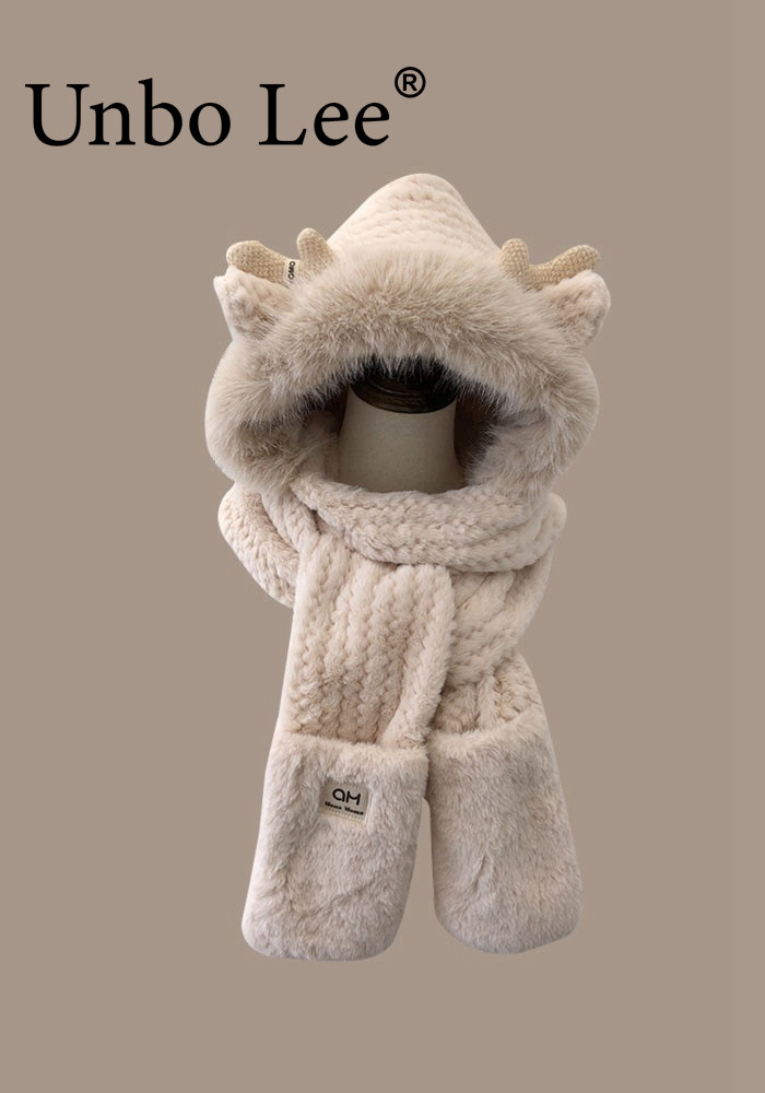 이운보 작은 뿔 귀엽고 다재다능한 가을 겨울 여성용 이중층 두꺼운 귀 보호 모자 스카프 장갑 올인원 학생