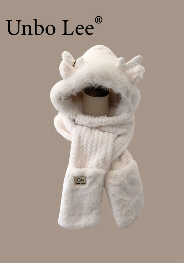 이운보 작은 뿔 귀엽고 다재다능한 가을 겨울 여성용 이중층 두꺼운 귀 보호 모자 스카프 장갑 올인원 학생