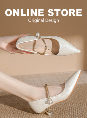 新中式国风白色玛丽珍单鞋女尖头气质高跟鞋女配旗袍礼服女鞋皮鞋