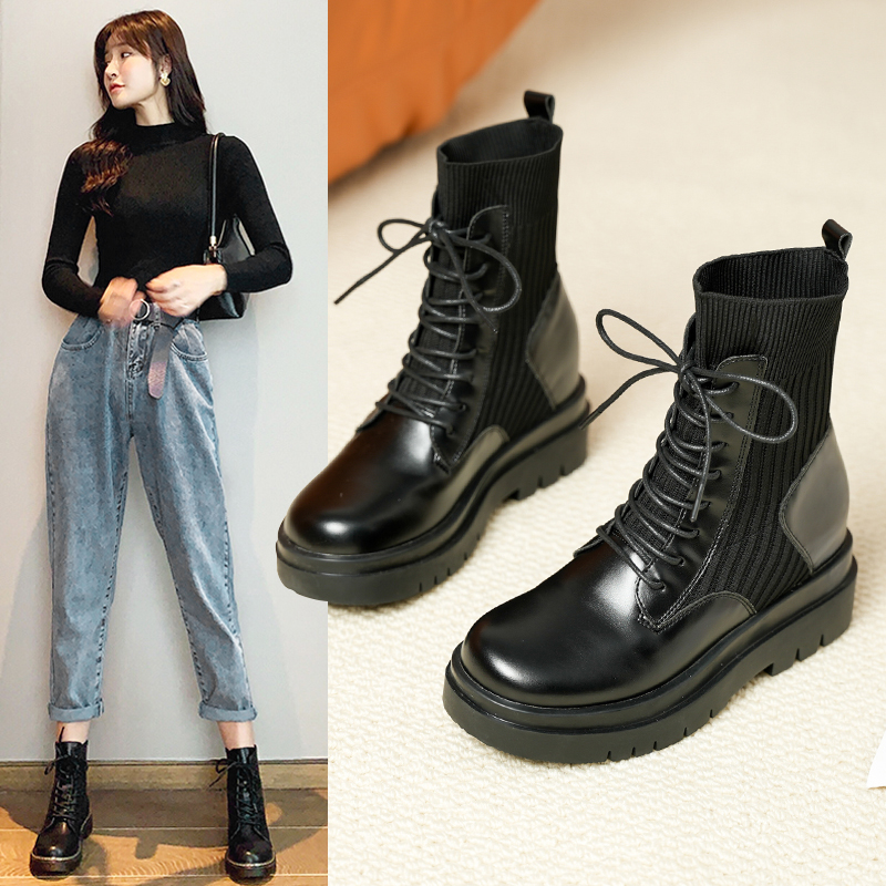 内增高8CM马丁靴女2025年新款秋冬季真皮小个子加绒厚底瘦瘦短靴
