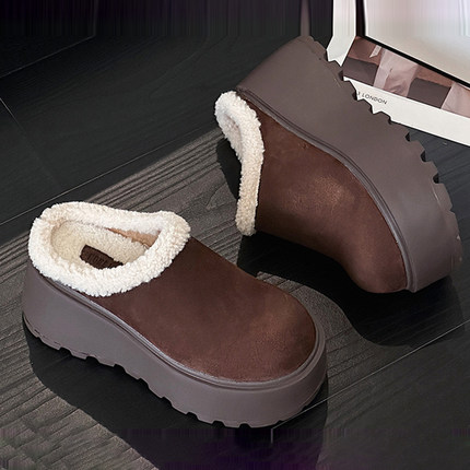 复古棕色7CM厚底包头勃肯半拖鞋女2025新款加绒加厚百搭保暖拖鞋