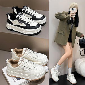 加绒厚底真皮小白鞋女2023秋冬新款加绒百搭增高休闲运动圆头板鞋