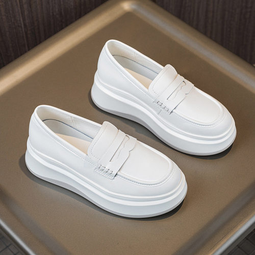 厚底6CM全牛皮小白鞋女内增高真皮2025年新款秋季休闲百搭乐福鞋