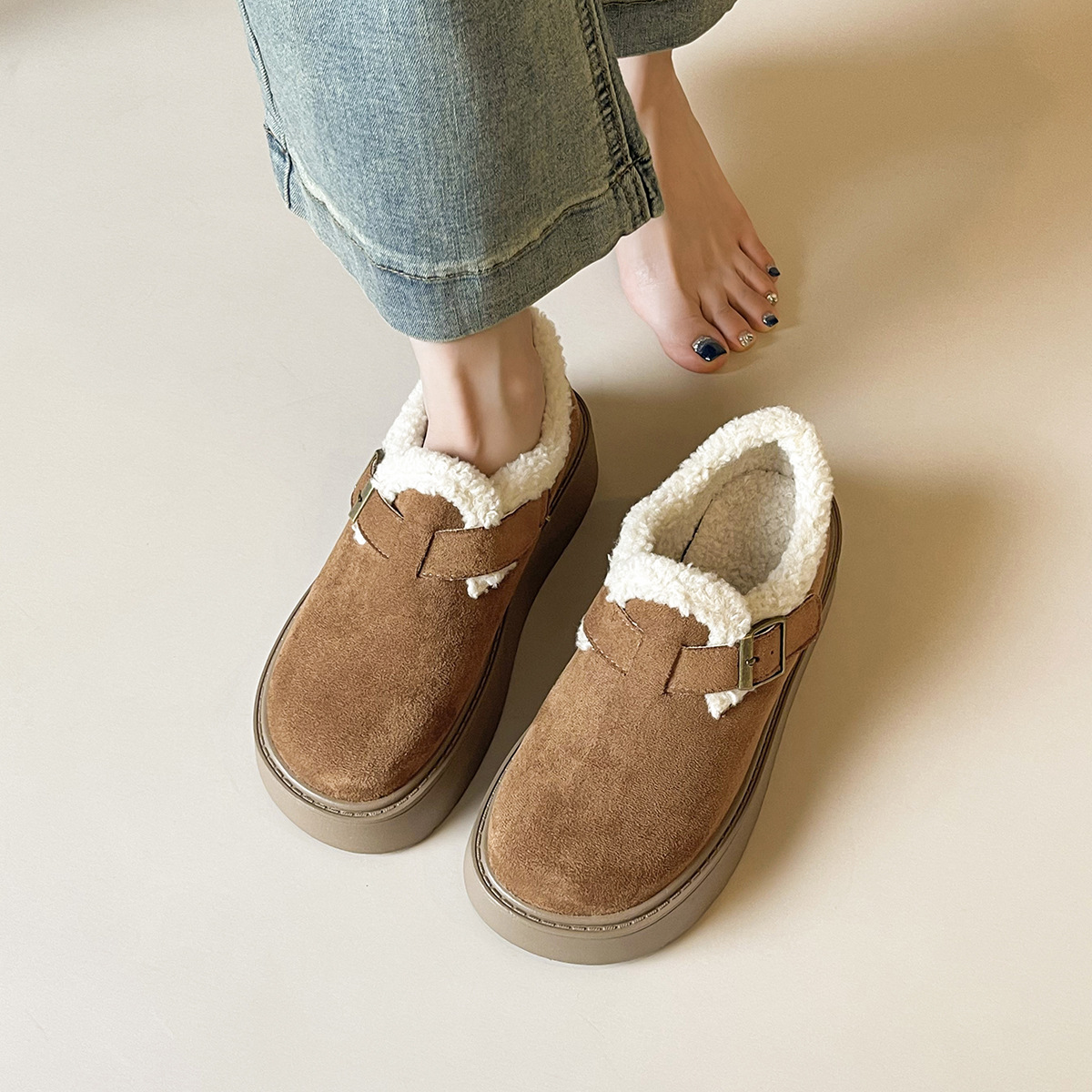 厚底勃肯鞋女2025冬季加绒加厚保暖雪地靴一脚蹬毛毛棉鞋软底单鞋