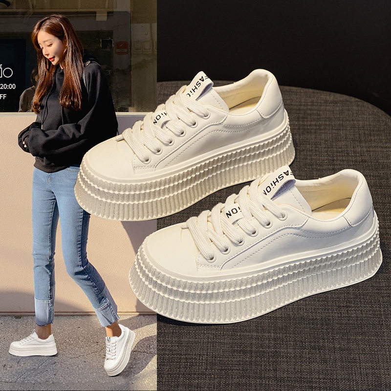 厚底5CM增高饼干鞋女2026春新款松糕底休闲板鞋真皮透气浅口单鞋