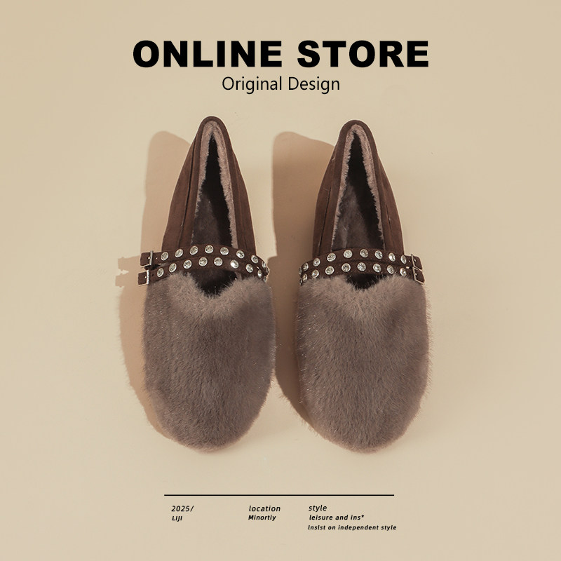2026冬季新款平底玛丽珍鞋女加绒保暖一字带毛毛鞋晚晚风气质单鞋
