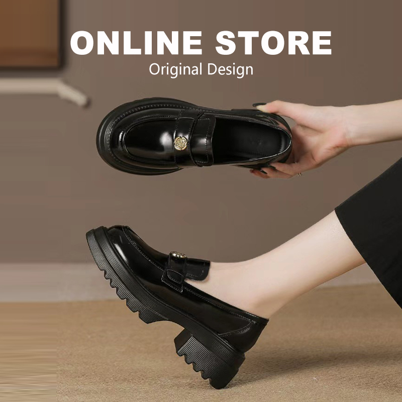 法式厚底5CM增高乐福鞋女2025新款金币一脚蹬时尚百搭黑色小皮鞋