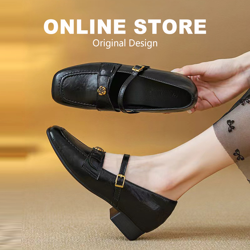 2025年新款黑色乐福鞋女复古粗跟方头山茶花小皮鞋浅口玛丽珍单鞋