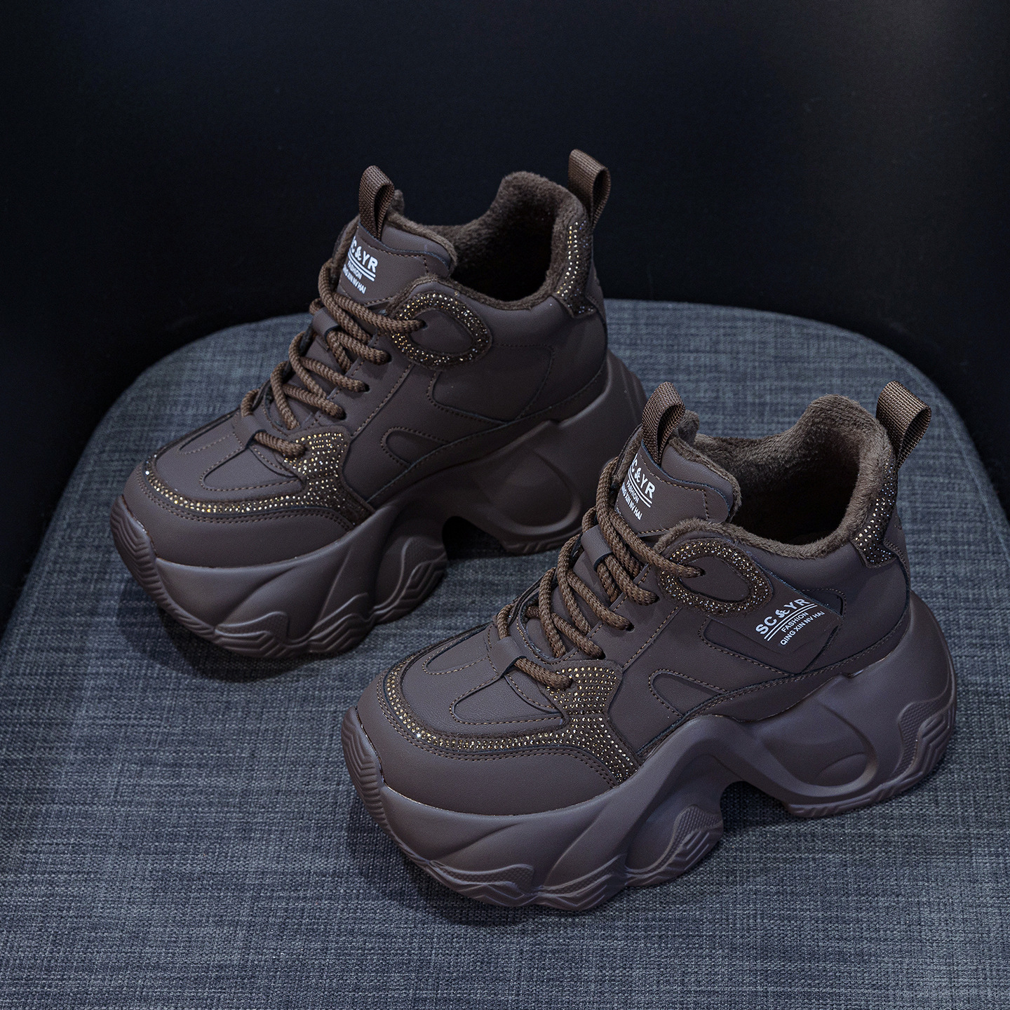 厚底8CM加绒保暖老爹鞋女2025秋冬新款内增高真皮时尚休闲运动鞋