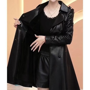 加绒加厚皮衣女中长款2023秋冬季新款高级感大衣显瘦风衣