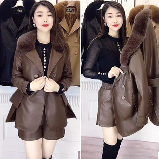 加绒加厚皮衣女士2023秋冬季新款领时尚显瘦中长款pu皮潮