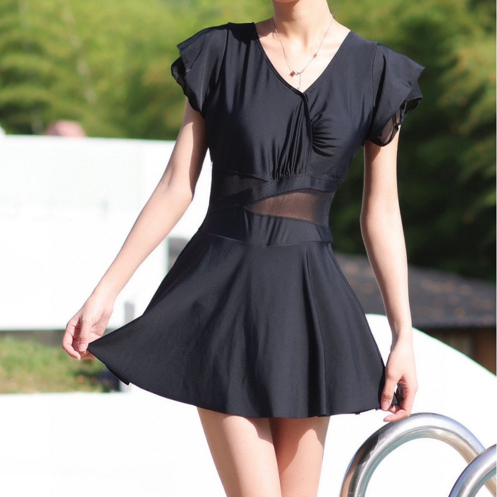 芭比连体泳衣简约时尚免穿内衣平角裤一体防走光性感连衣裙气质泳