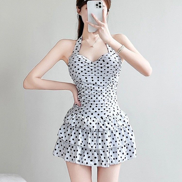 2024新款连体裙式波点微胖女孩泳衣女保守显瘦遮肉性感大小胸聚拢