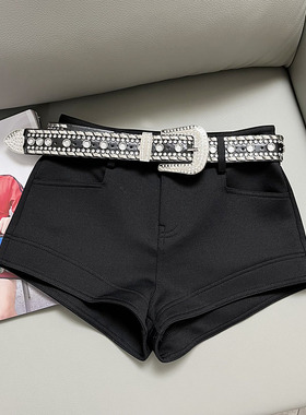 FEIYA自制 纯欲辣妹风水钻腰带黑色性感短裤女网红包臀显瘦休闲裤
