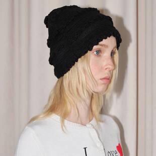 桐庐愿望针织韩国设计师款羊毛混纺条纹针织帽女秋冬季千禧复古花