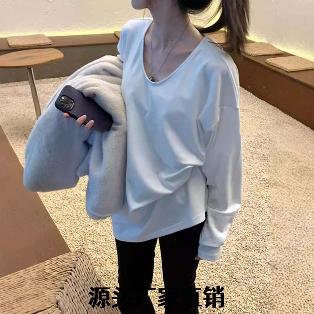 亿涵梦针织厂白色长袖恤女秋冬新款内搭打底衫辣妹德绒慵懒中长款