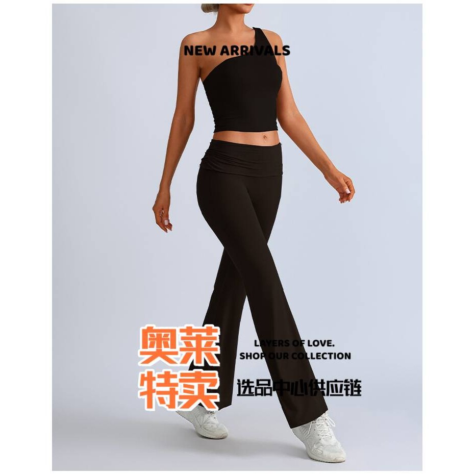 泽创欧美瑜伽套装女单肩不规则上衣运动健身提臀阔腿裤微喇长裤