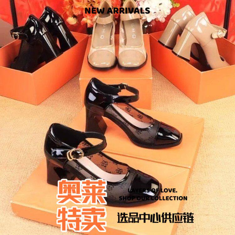 晋江雅望浅口女鞋春款一字带粗跟方头黑色漆皮网纱高跟鞋单鞋