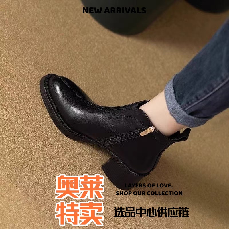 青岛福克莱运动鞋切尔西靴年秋季新款粗跟棕色短靴女英伦风帅气马
