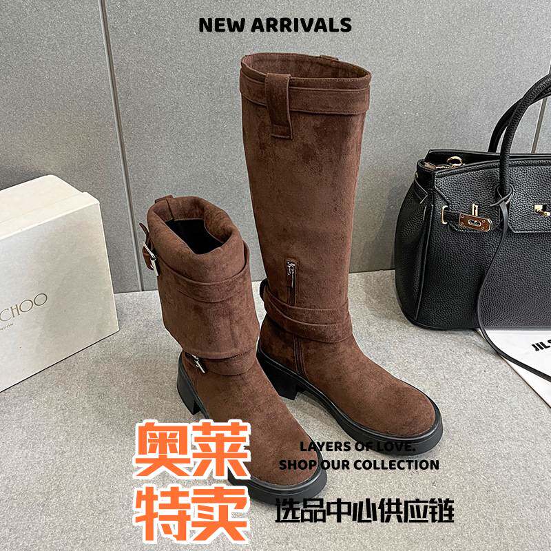 东莞正宇鞋业美拉德靴子女两穿秋冬新款绒面弹力长靴厚底粗跟中高