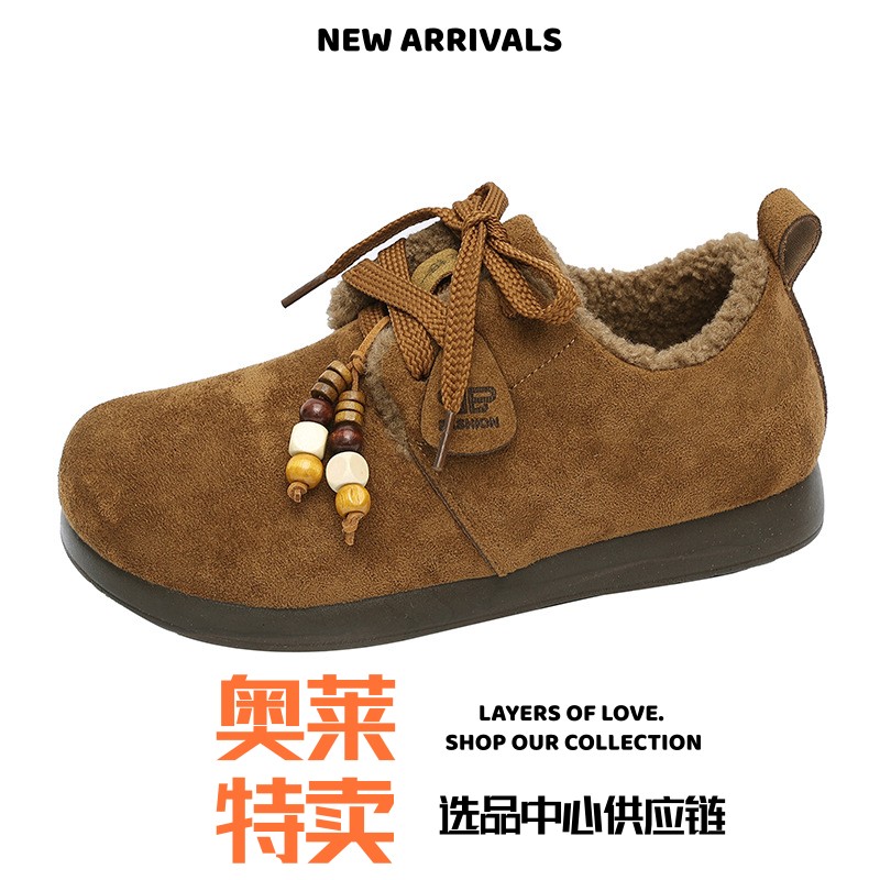 和成鞋业鞋子女棉鞋复古短靴串珠绑带女靴加绒加勃鞋肯平底时尚雪