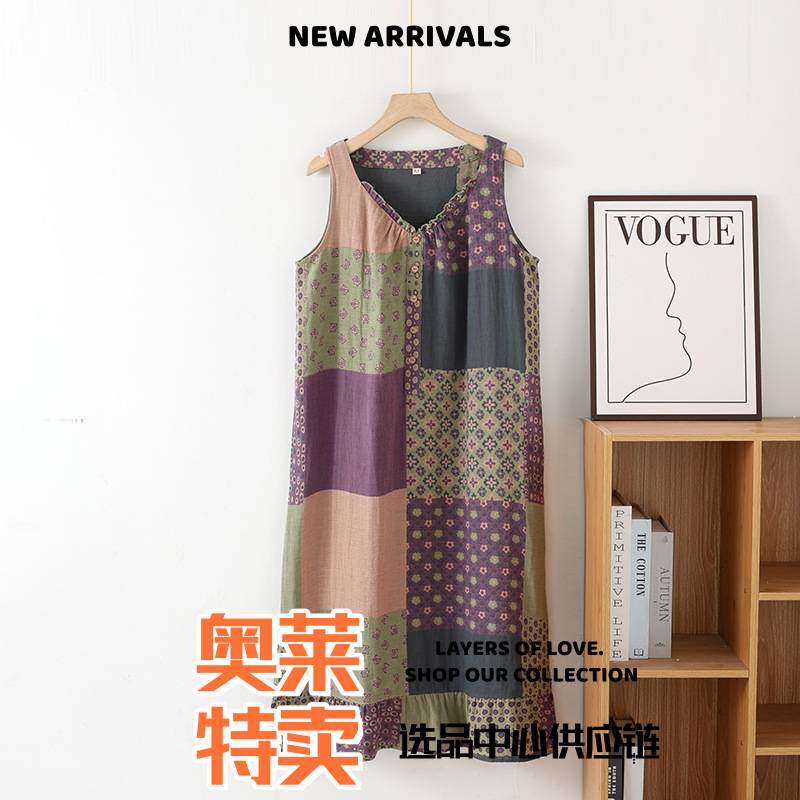 江苏南通纯棉睡衣复古文艺多色拼布夏季纯棉纱布女士睡裙吊带背心