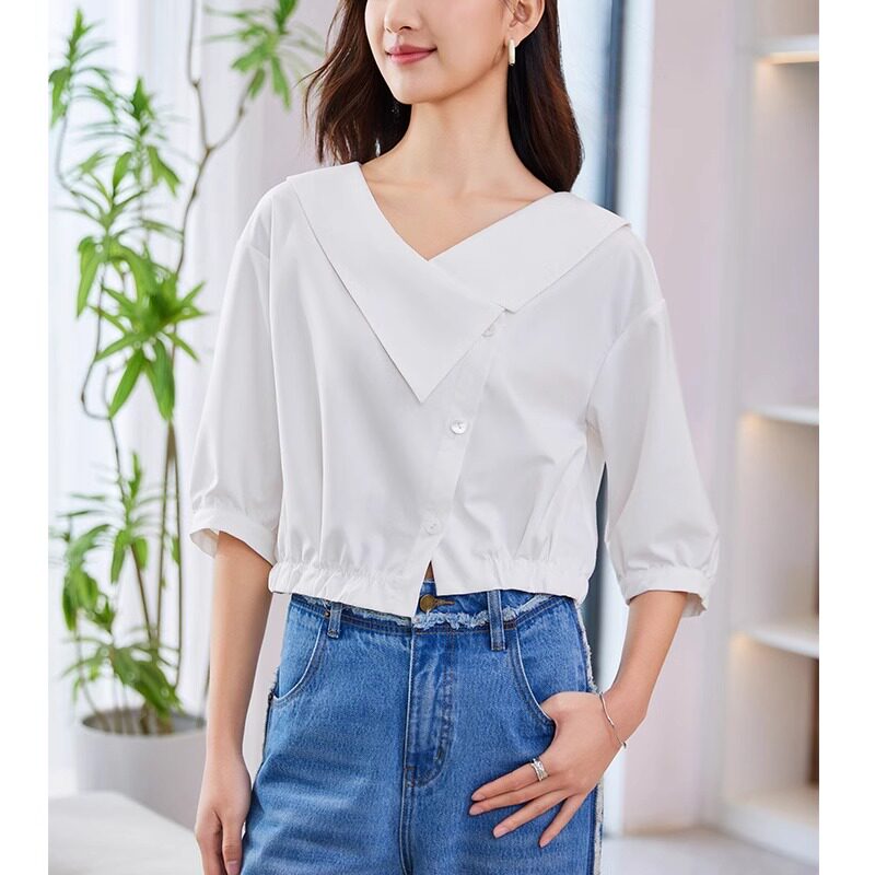 白色雪纺衬衫女夏季2025年新款宽松不规则翻领设计感短款半袖上衣