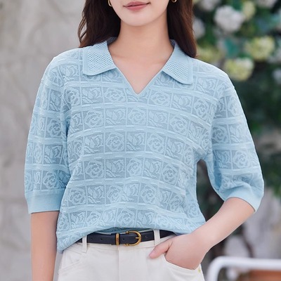 冰丝针织衫女短袖夏季薄款2025新款宽松显瘦高级感提花t恤女上衣