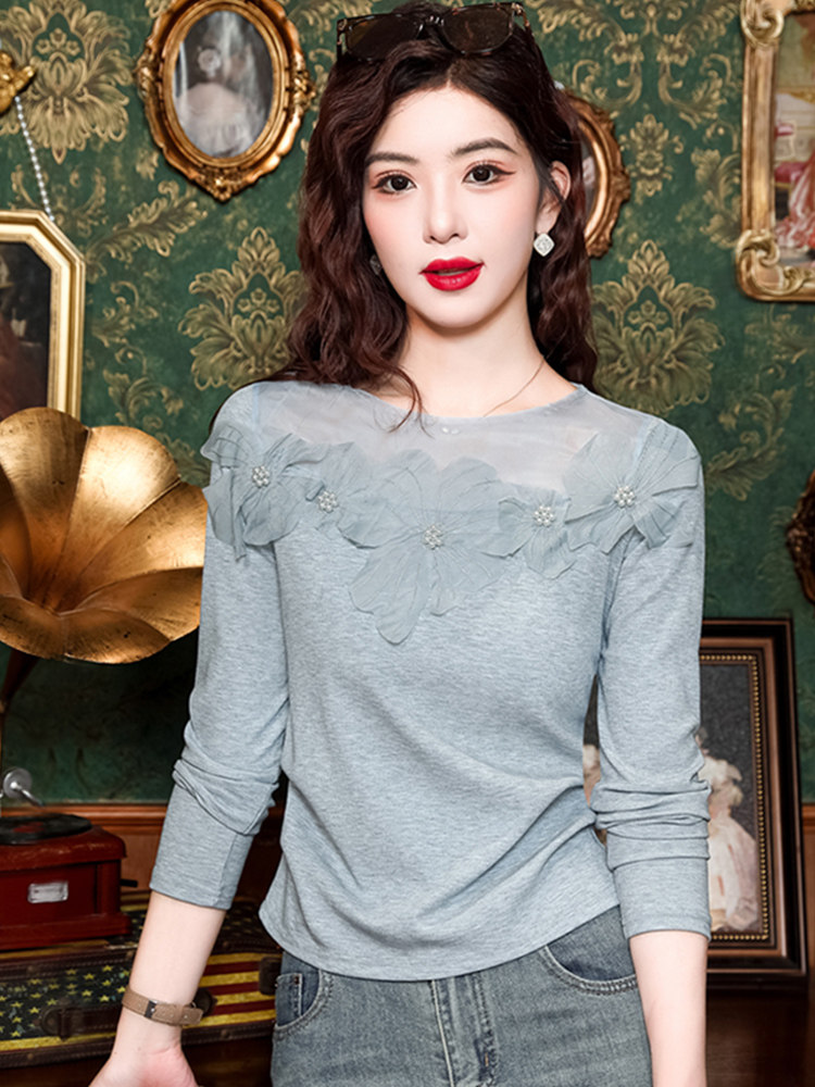 法式长袖打底衫女早秋2025新款时尚网纱立体花朵修身显瘦短款上衣