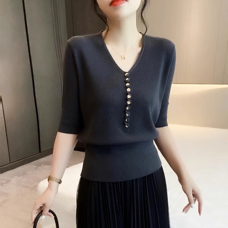 V领针织短袖t恤女夏季2025新款时尚纯色收腰修身显瘦套头打底衫