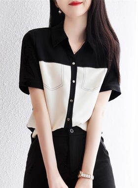 短袖雪纺衬衫女夏季2025新款设计感黑白撞色气质显瘦通勤Polo上衣